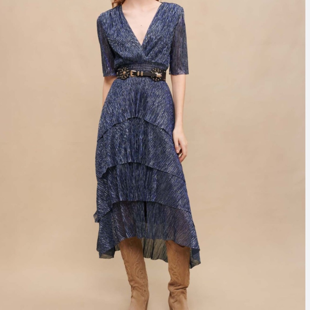 Maje Lurex RUFFINI blue lame metallic tiered dress stretch elastic wedding guest